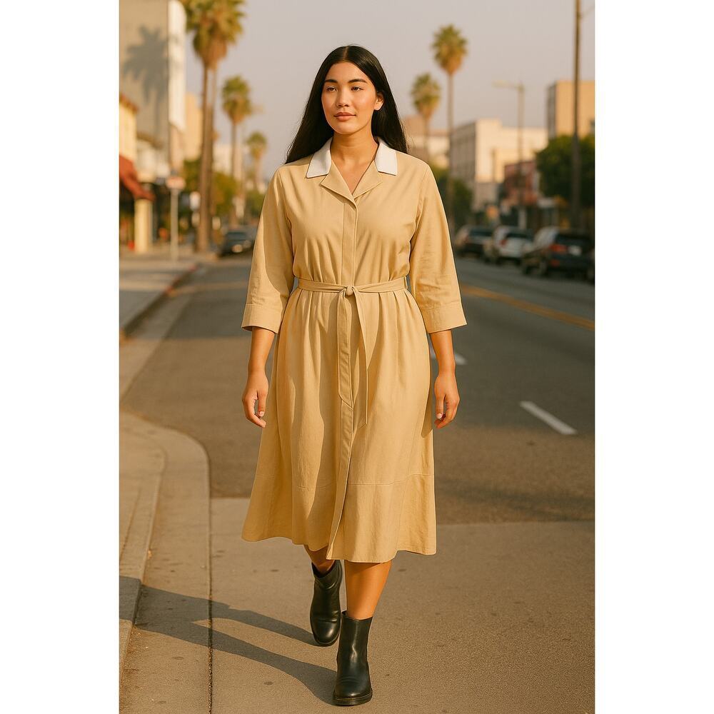 Châtelaine Voyage 100 Tan Belted Midi Dress Size 100/Large Beige Shirt Dress